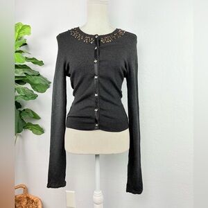 REBECCA TAYLOR WOMEN BLACK SILK CASHMERE Blend BEADED NECKLINE CARDIGAN-SIZE M